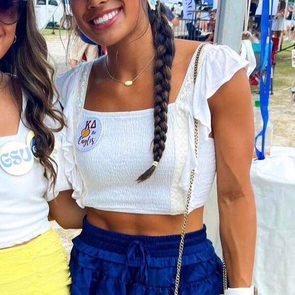 Ruffle Sleeves Smocked Crop Top Gameday Lace Preppy Women's White Blouse - Picture 1 of 3